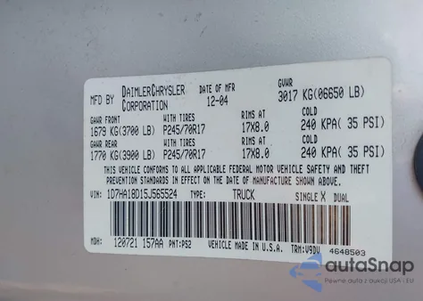 2005 Dodge Ram 1500 Slt/Laramie z USA, uszkodzony, nr VIN 1D7HA18D15J565524